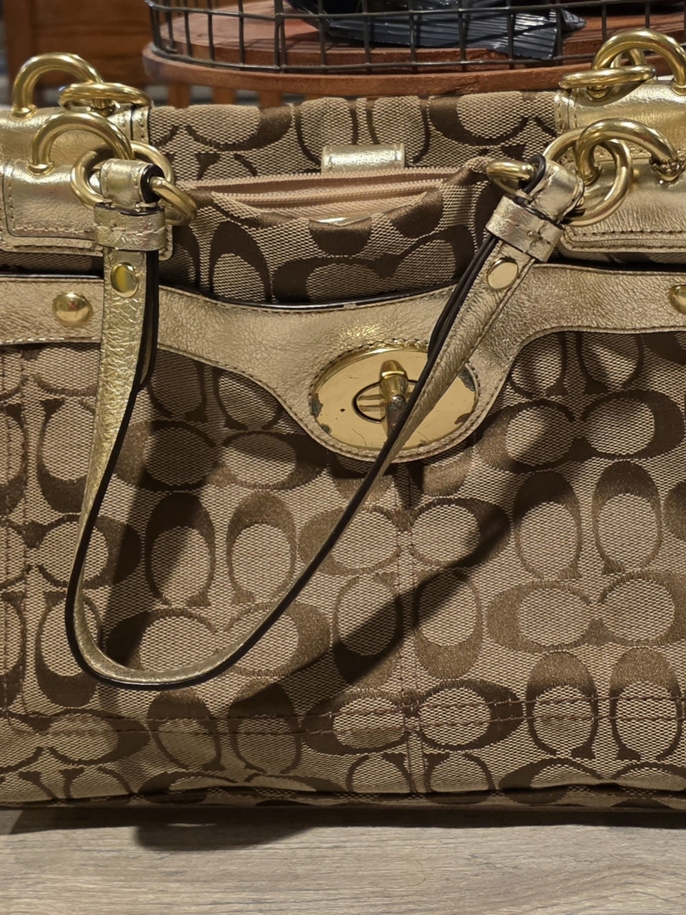 Coach Brown Signature Canvas Shoulder Bag with Gold Trim